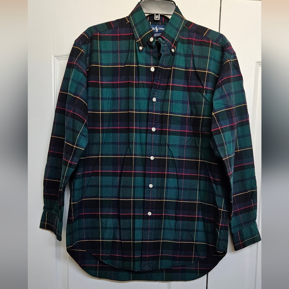 Classic Ralph Lauren Big Shirt Oxford Green Plaid Size Small 100% Cotton